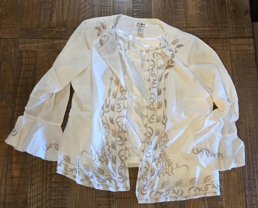 Womens La Rea Collection White And Tan Embroidered Bell Sleeve Linen Jacket 1X